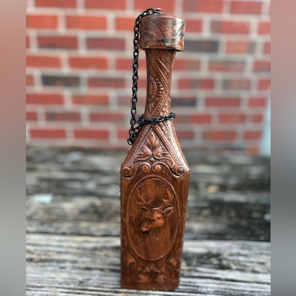 Tall Embossed Leather Wrapped Triangle Shaped Bottle Decanter Made in Spain - Picture 1 of 6